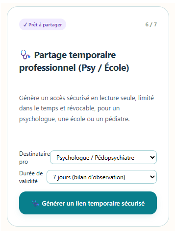 Écran Dimodi de création d’un partage temporaire sécurisé avec un professionnel